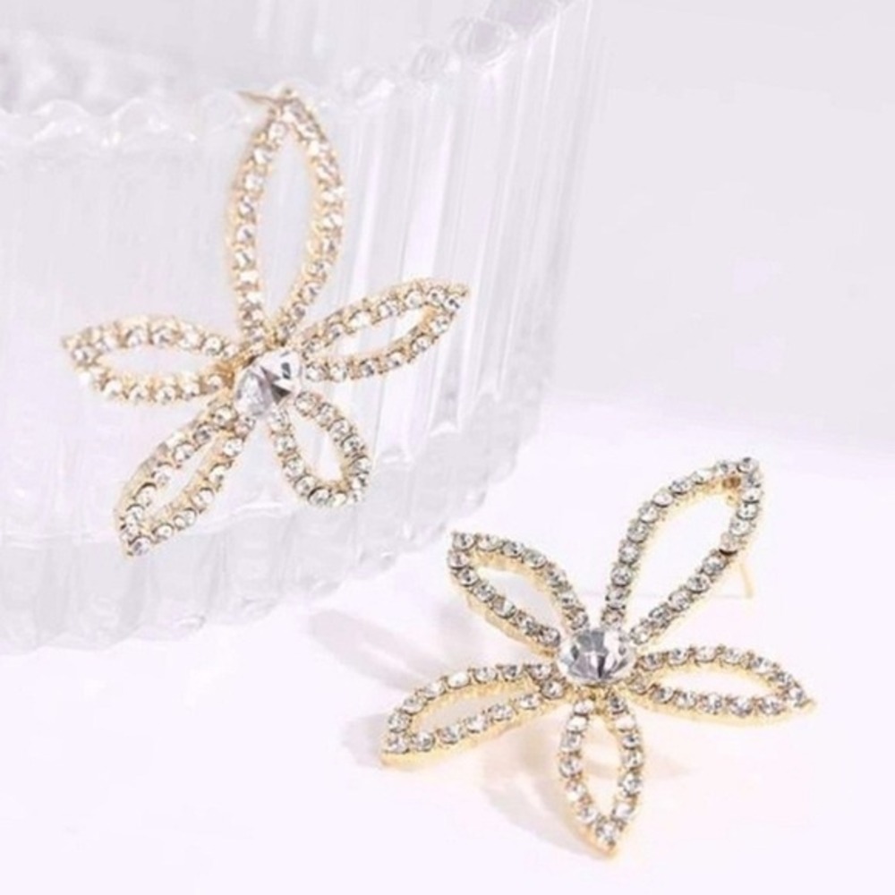 Gold Rhinestone Daisy Flower Statement Stud Earrings Crystal Wedding Prom Formal